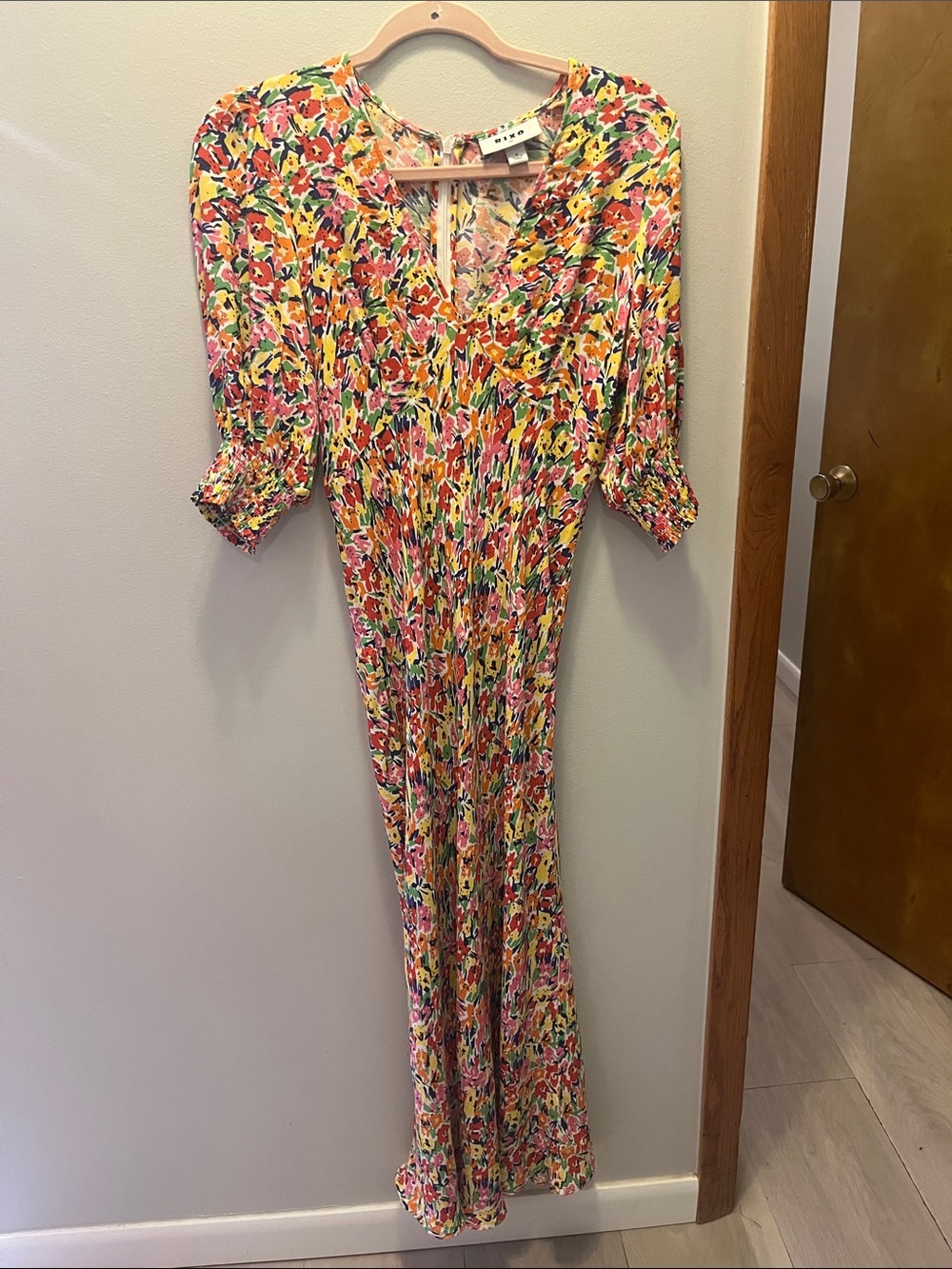 RIXO Multicolor Floral V-Neck Maxi Dress in Yellow, Pink, Green